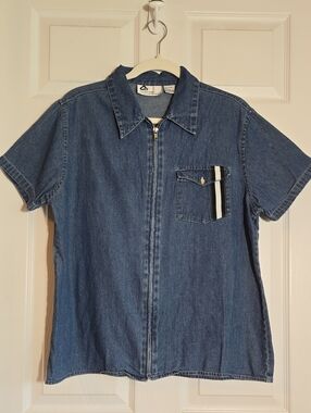 Carolina Bay Vintage Blue Denim Zip-Front Shirt Size L Stripe Pocket P2P 22"